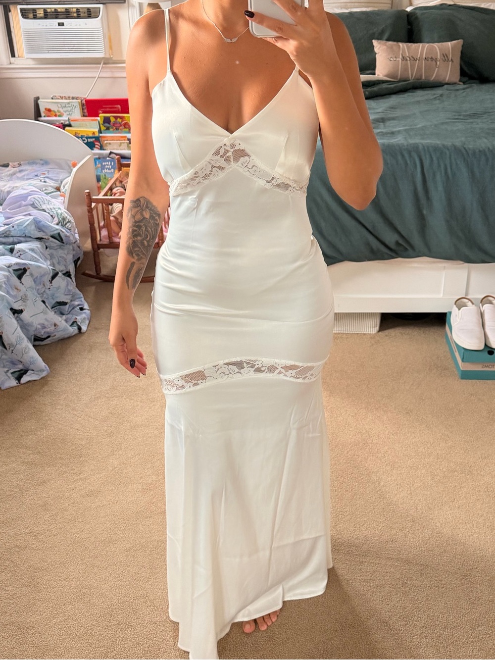 Lace-Trim Slip Maxi Dress in White